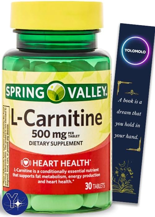 Suplemento de aminoácidos de carnitina L Spring Valley, 500 mg, sin sabor, 30 unidades y marcapáginas de regalo YOLOMOLO