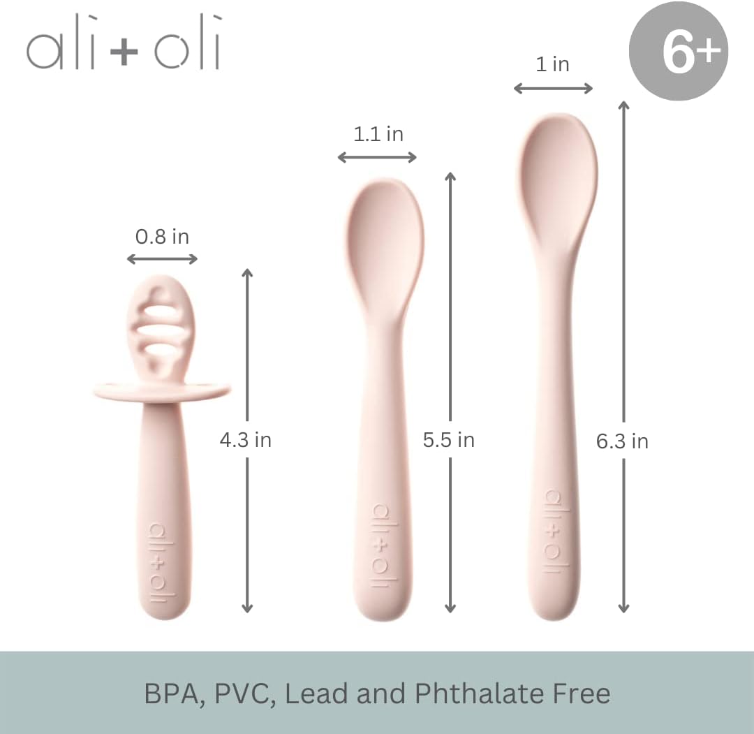 Ali+Oli (3 piezas) Juego de cucharas de silicona para bebé (rubor) Cuchara de silicona irrompible para bebé, cucharas para bebés de 6 meses en