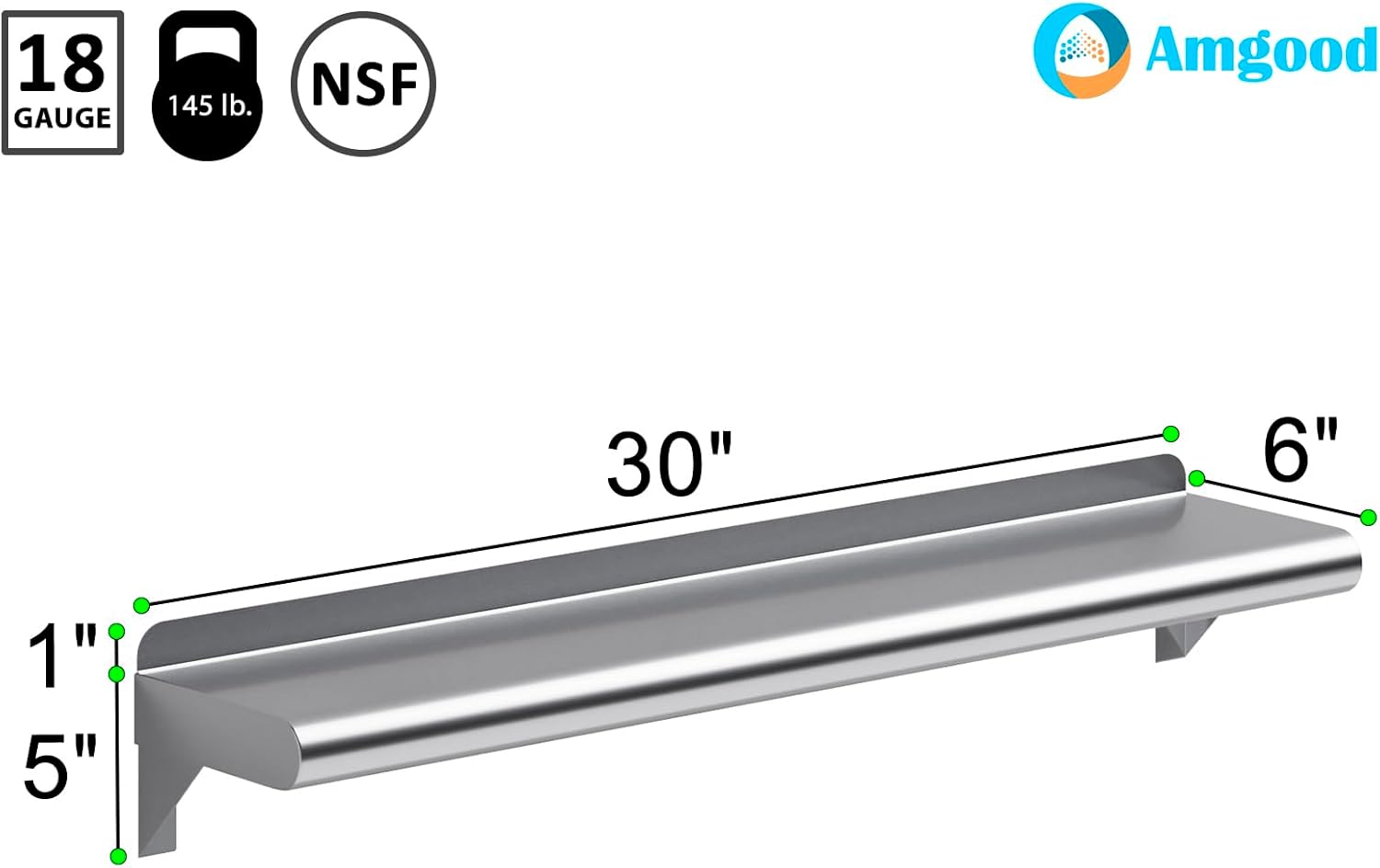 AmGood Estante de pared de acero inoxidable de 6 x 30 pulgadas  Estantería de metal  Garaje, lavandería, almacenamiento, lavadero  Restaurante,