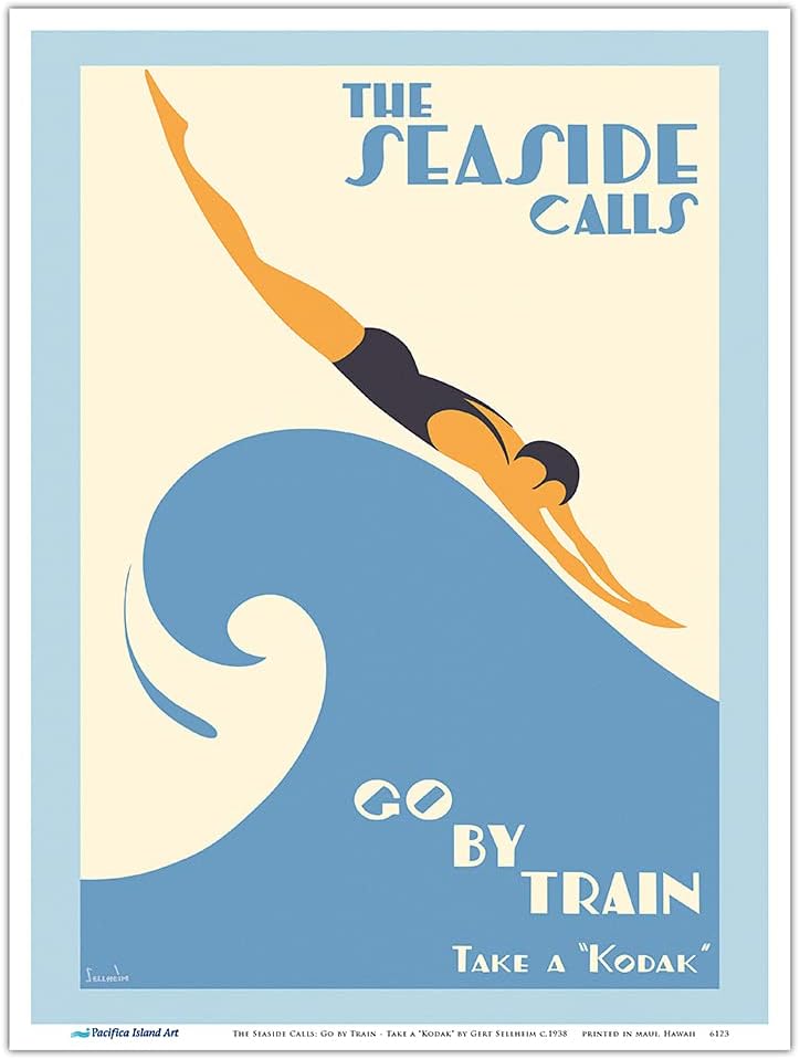 The Seaside Calls Go by Train – Take a “Kodak” – Póster vintage de viaje por ferrocarril por Gert Sellheim c.1938 – Impresión artística maestra de 9