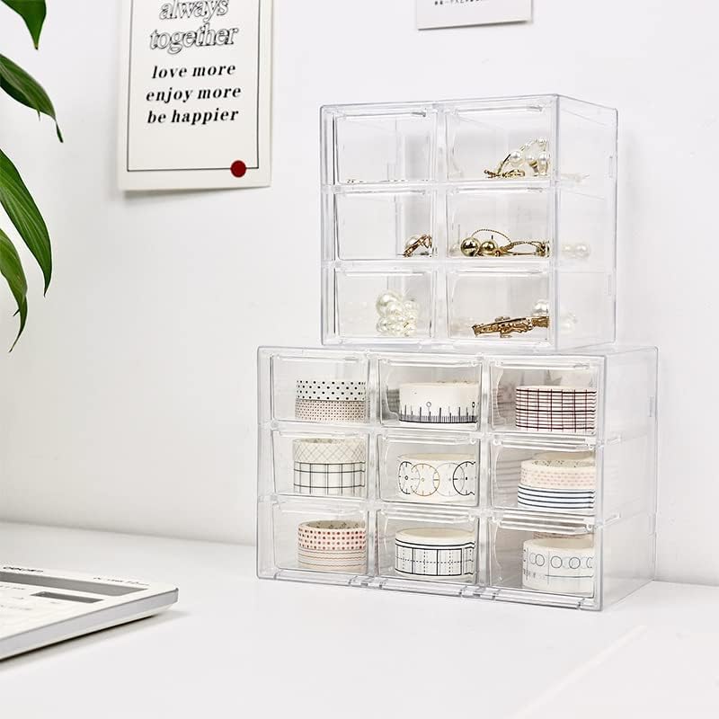 Organizador de escritorio transparente con cajones, mini suministros de oficina y estuche de almacenamiento de joyas, 9 cajones