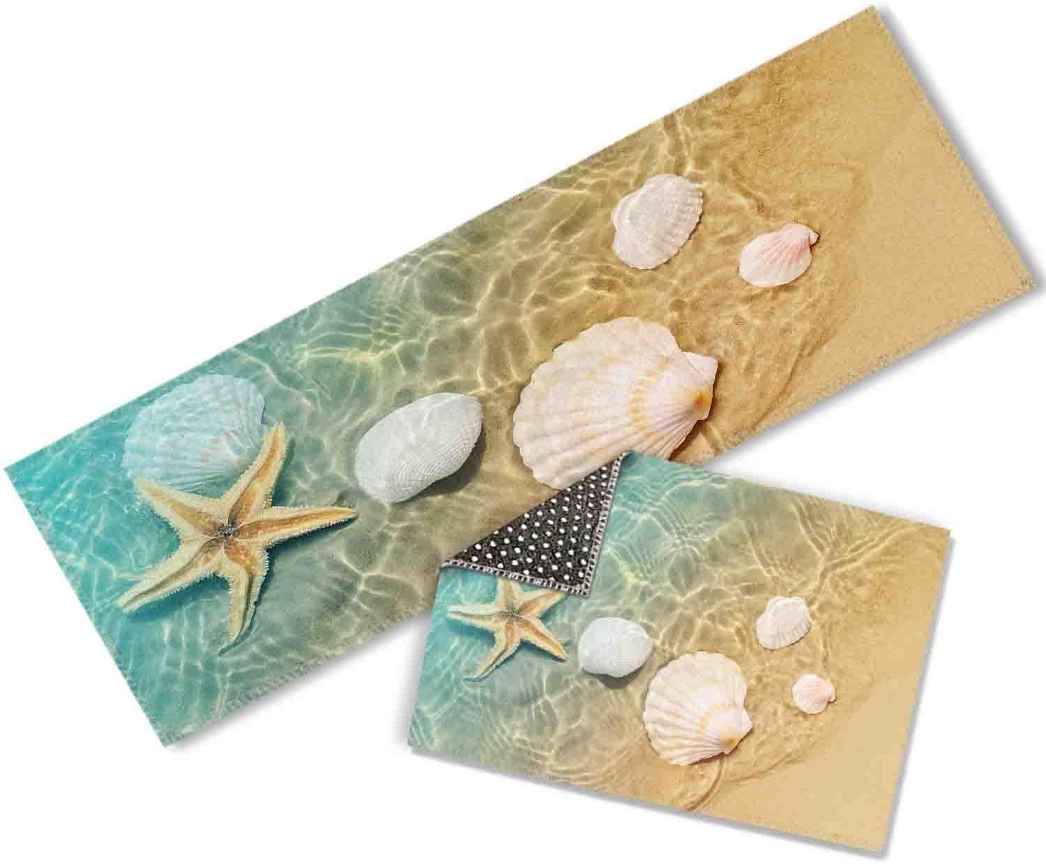Juego de 2 alfombras y tapetes de cocina antideslizantes, lavables con estrellas de mar, playa de estrellas de mar, juego de 2 (52 x 17 pulgadas +