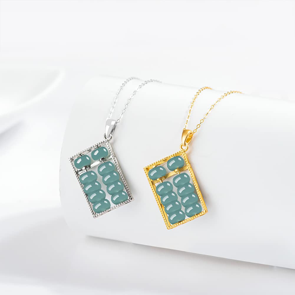 FitJinZun Chinese Natural Blue Jadeite Necklace for Women, Genuine Square Abacus Pendant with Bead, Good Luck Jewelry Fortune Gift for Her, 18inches