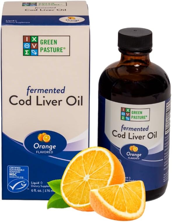 Green Pasture – Aceite de hígado de bacalao fermentado líquido – 6 fl. oz. Vitamina A Vitamina D Omega 3 Omega 6 Omega 9 (6oz naranja)