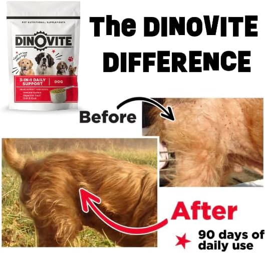 Dinovite Suplemento probiótico para perros – Omega 3 para perros – Alivio de puntos calientes – Suplemento de piel y pelaje para perros – Suministro