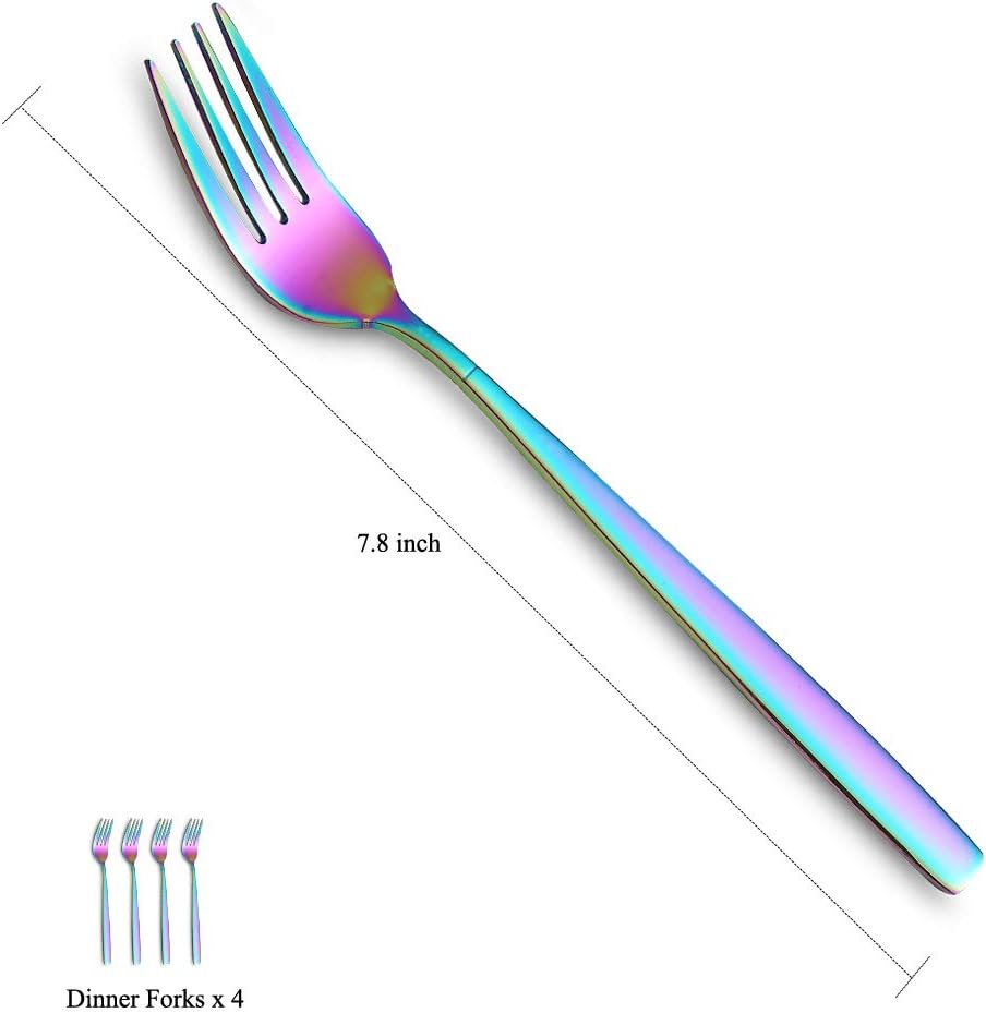 HOMQUEN – Juego de 4 tenedores de cena Rainbow de acero inoxidable resistente de 7.8 pulgadas, diseño moderno, tenedor de mesa chapado de titanio,