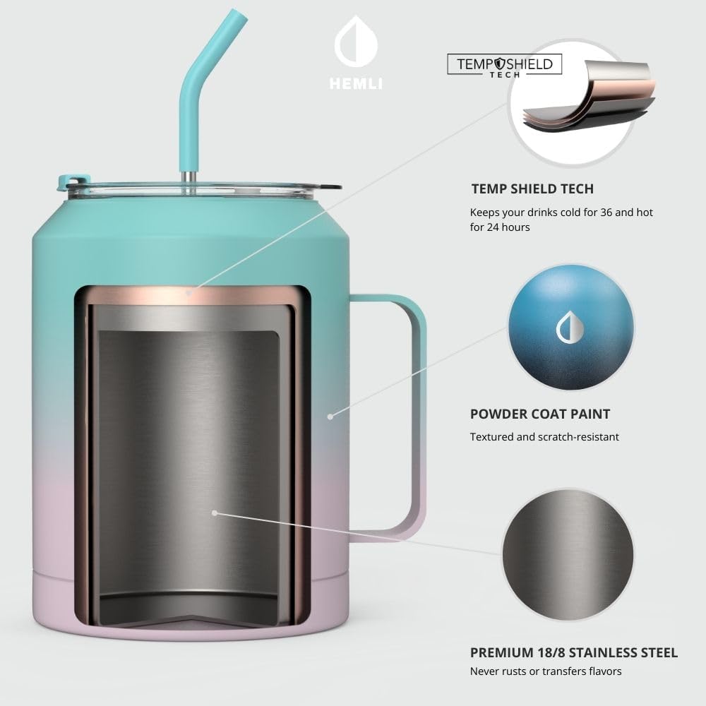 Vaso de 50 onzas con asa y pajilla, taza grande para café helado, botella de agua de 50 onzas, vaso grande de viaje, vaso térmico de 50 onzas, taza