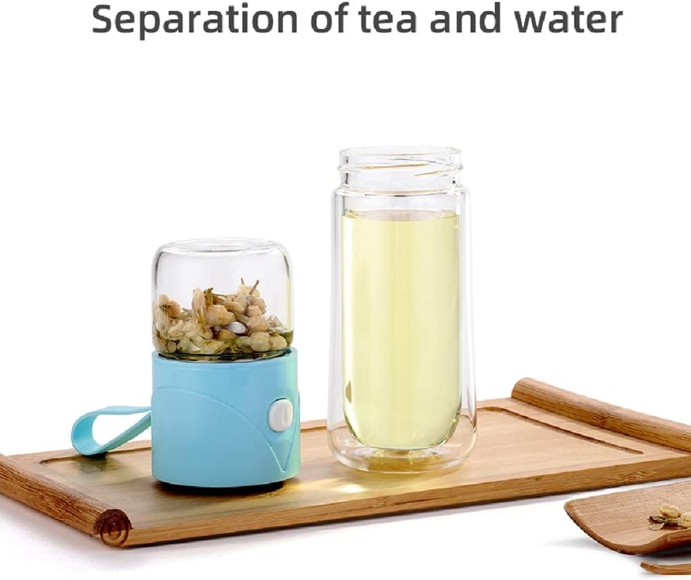 Botella infusora de té de vidrio, vaso de té con infusor, vaso portátil de vidrio de borosilicato de doble pared, botella de agua de vidrio de 11.8