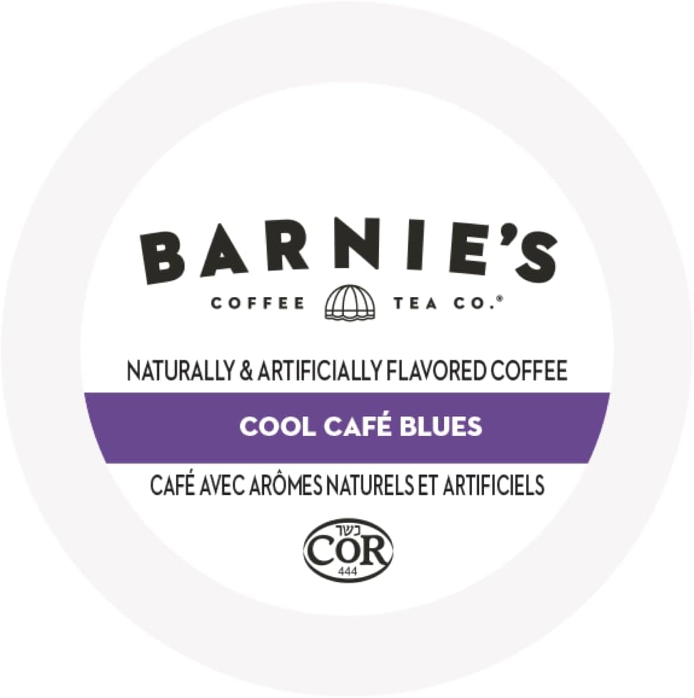 Barnie’s – Cápsulas de café Cool Cafe Blues de una sola porción con sabores de caramelo, arce, nuez y ron canela, café tostado medio compatible con
