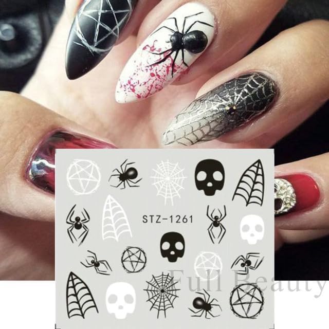 Diduikalor 6 calcomanías de arte de uñas de Halloween 3D, diseño de araña de esqueleto, diseño de arte de uñas, autoadhesivas, diseño de calavera