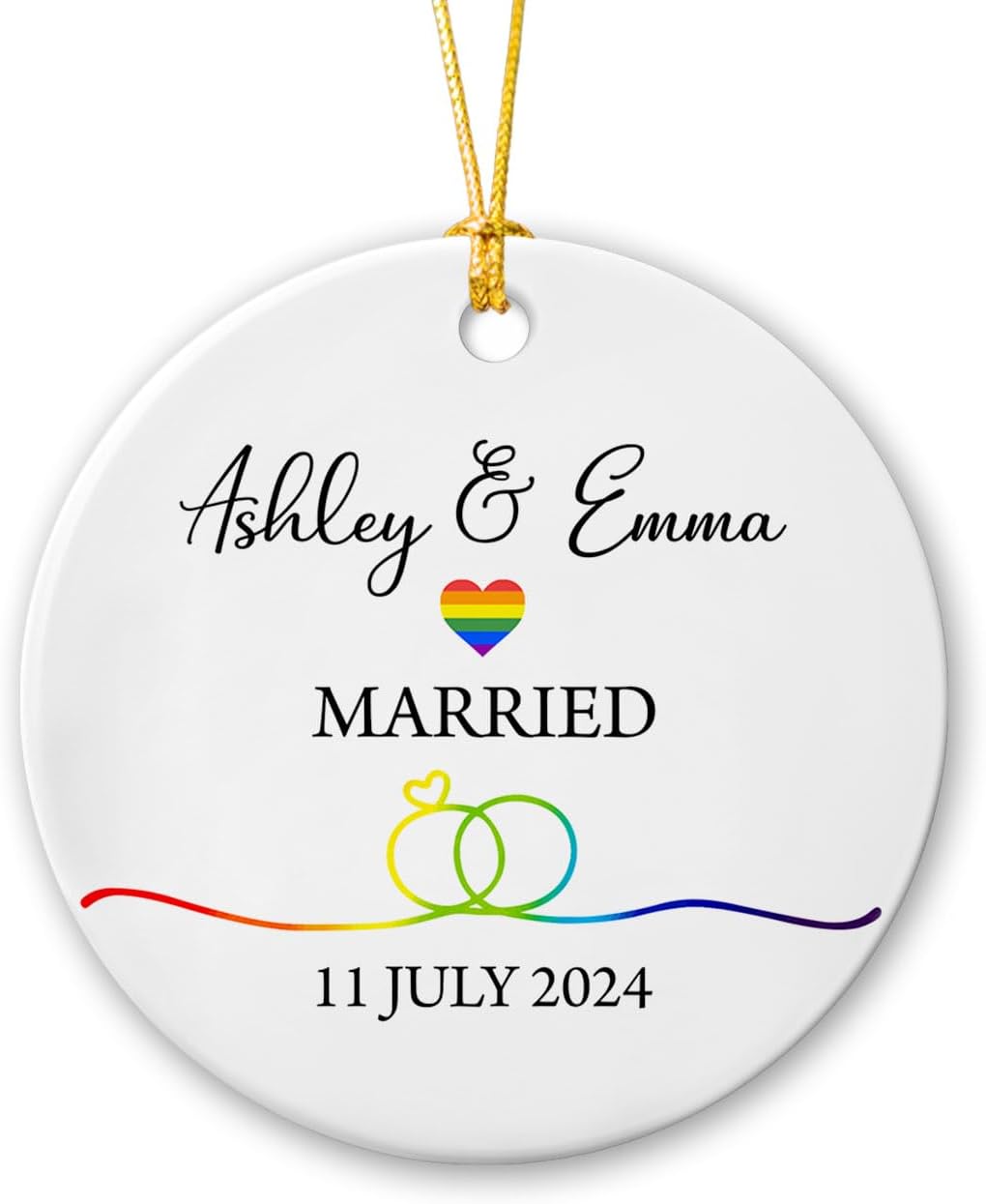 Adorno personalizado de cerámica de Navidad para boda casada, regalo para pareja LGBTQ, adorno de primera Navidad para casados, elige nombres y