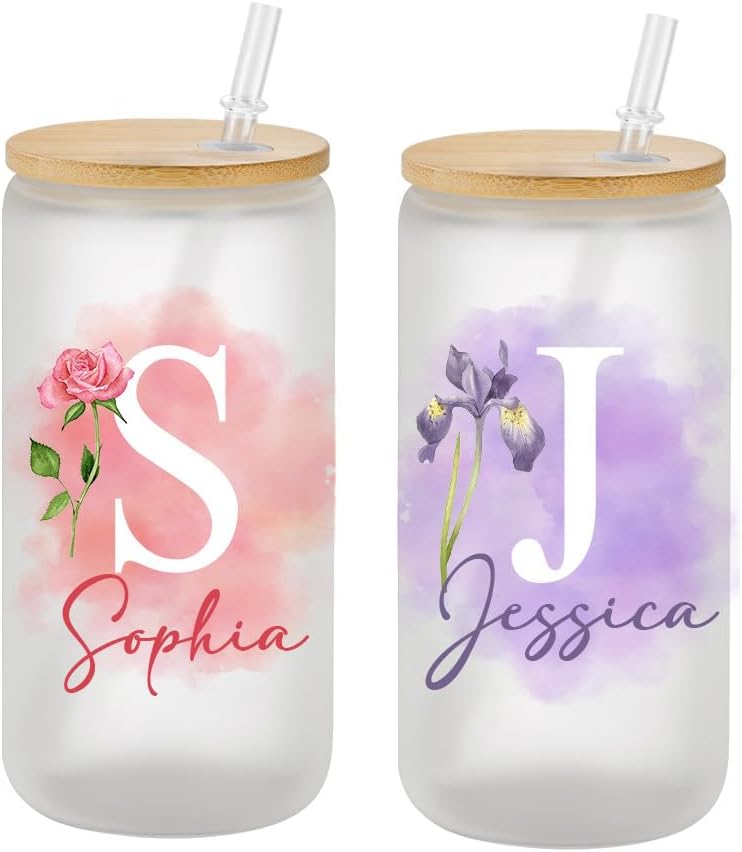 Vaso personalizado con nombre, regalo para ella, vaso delgado de 20 onzas, vaso de vidrio personalizado con nombre floral, vaso de dama de honor,