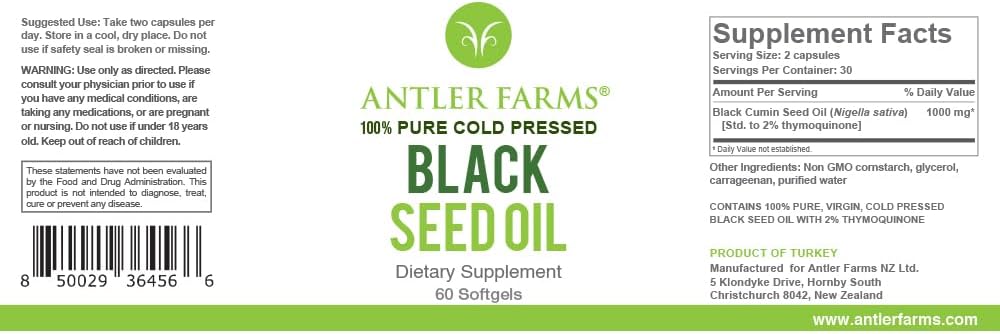 Antler Farms – Cápsulas de cápsulas blandas de aceite de semilla negra -100% puro, virgen, prensado en frío 60 cápsulas blandas, 500 mg – 2%