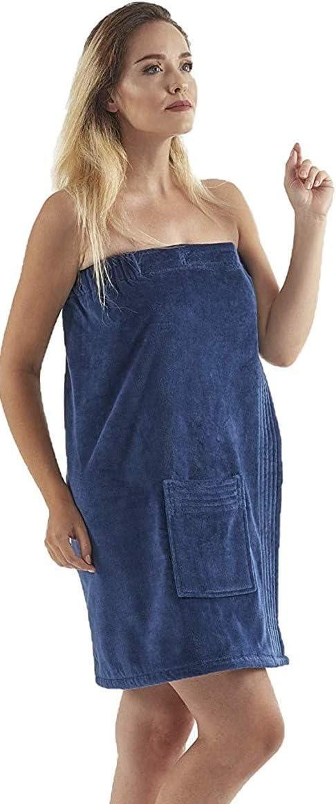 C&B – Toalla envolvente para mujer, 100% algodón turco orgánico, ajustable, para spa, gimnasio, piscina con bolsillo (azul marino)