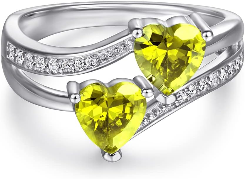Emsione Anillo de promesa de boda con topacio azul y blanco, chapado en plata de ley 925, con doble corazón