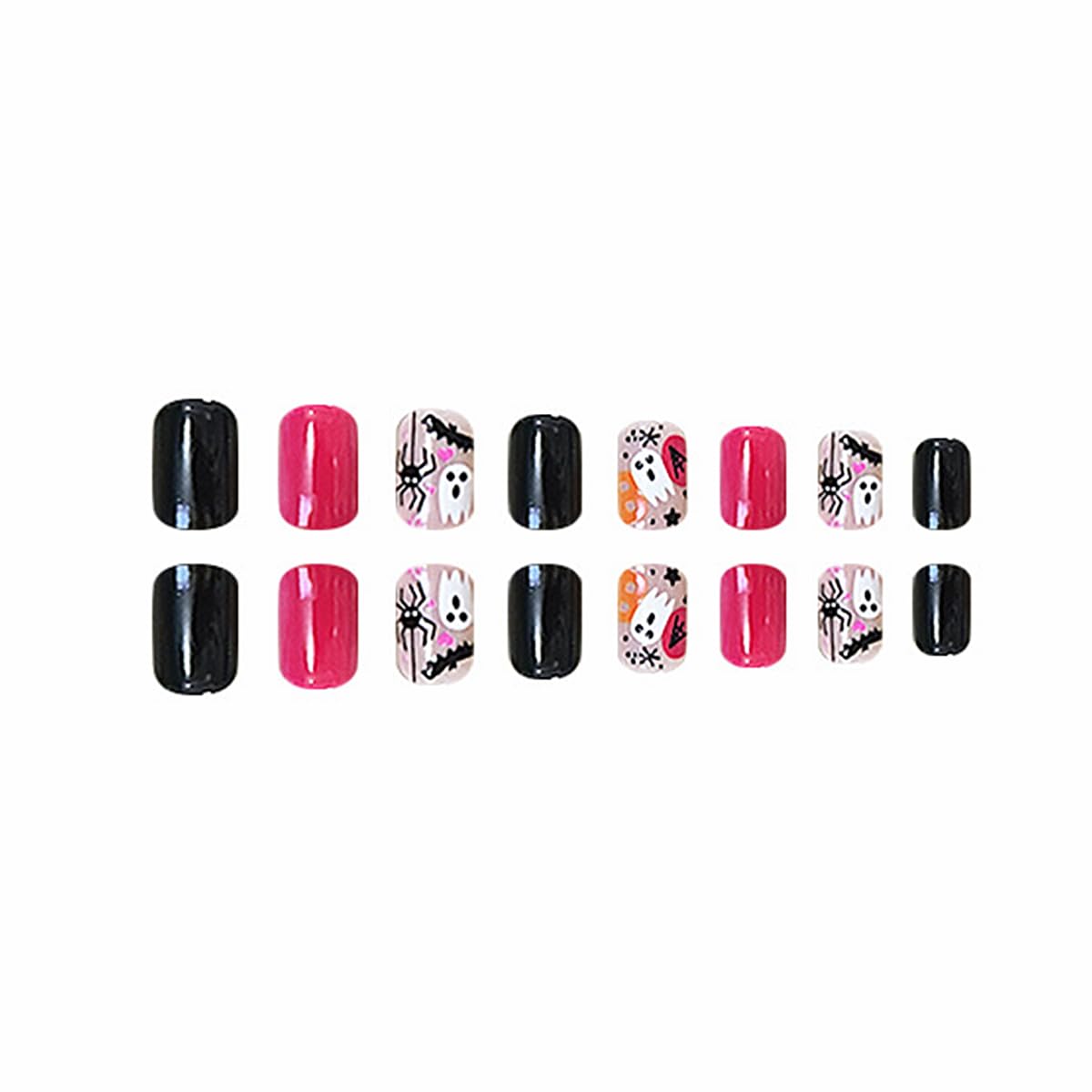Uñas postizas de Halloween, uñas cortas cuadradas a presión, uñas postizas rosa y negro con diseños de telaraña fantasma, uñas con pegamento, puntas