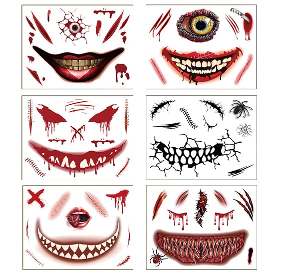 Maquillaje de broma de Halloween 2023, tatuaje temporal para adultos y niños, 6 unidades, calcomanías de tatuaje falsas de boca de payaso,