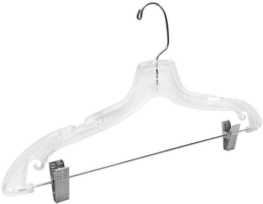 100 perchas de plástico transparente de 17 pulgadas, clips de zinc giratorios de metal y gancho para colgar, uniforme de servicio, perchas de ropa,