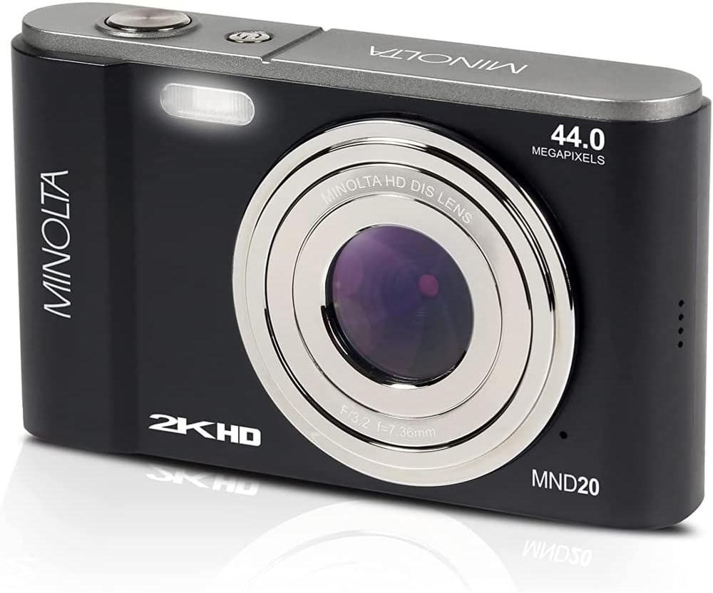 Minolta MND20-BK – Cámara digital Ultra HD de 44 MP 2.7K, paquete negro con tarjeta de memoria Lexar UHS-I SDHC de 32 GB, funda para cámara Deco