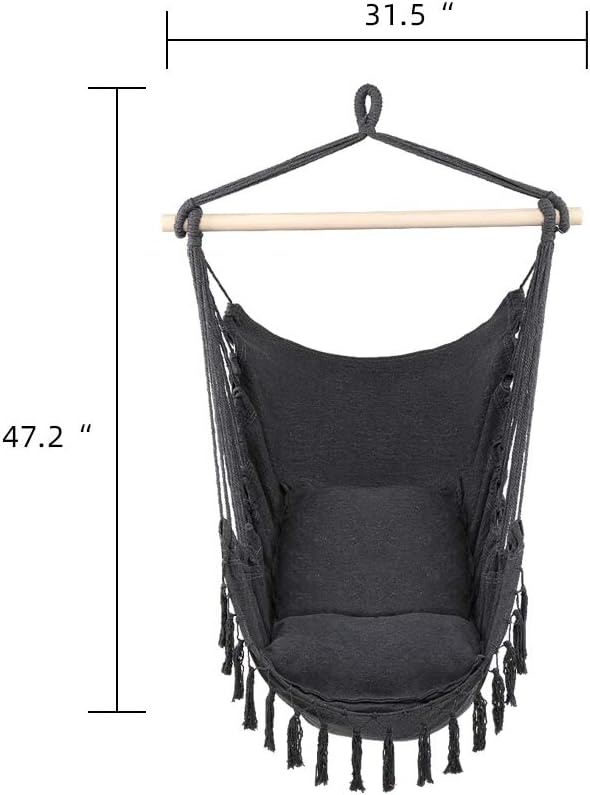 Silla hamaca colgante de cuerda con 2 cojines, silla columpio grande de macramé, tejido de algodón para mayor comodidad y durabilidad