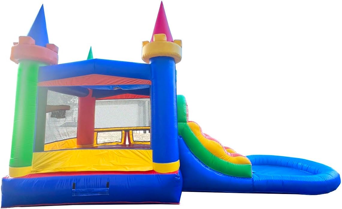 Casa inflable con tobogán para niños, castillo modular de arco iris para patio trasero con piscina de agua, juguetes para niños al aire libre,