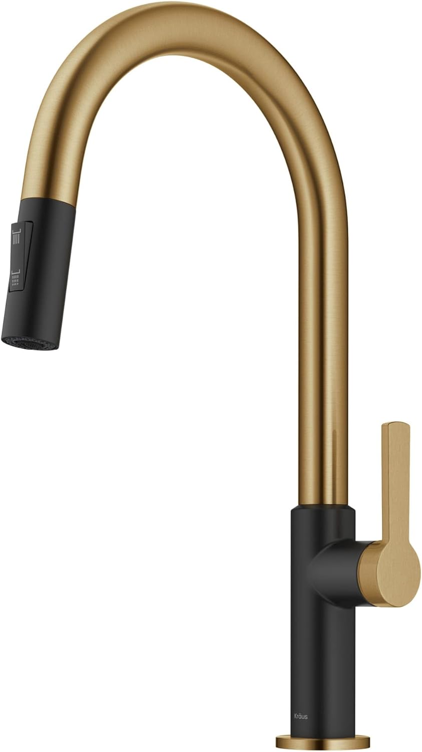 KRAUS Oletto KPF-2820BBMB – Grifo de cocina desplegable de un solo mango en latón cepillado  negro mate, KPF-2820BBMB