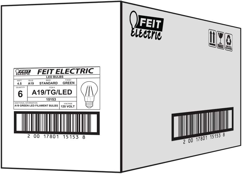 Feit Electric Bombillas LED de color A19TGLED6 equivalentes a 25 W, color verde, paquete de 6, 2.4 pulgadas de profundidad x 4 pulgadas de alto