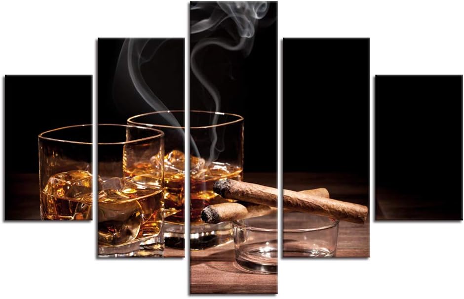 Lienzo decorativo para pared, pintura de cigarros y vino, copa de vino, whisky, cigarrillo, imagen, 5 paneles, licor bodegón, pósters, impresiones