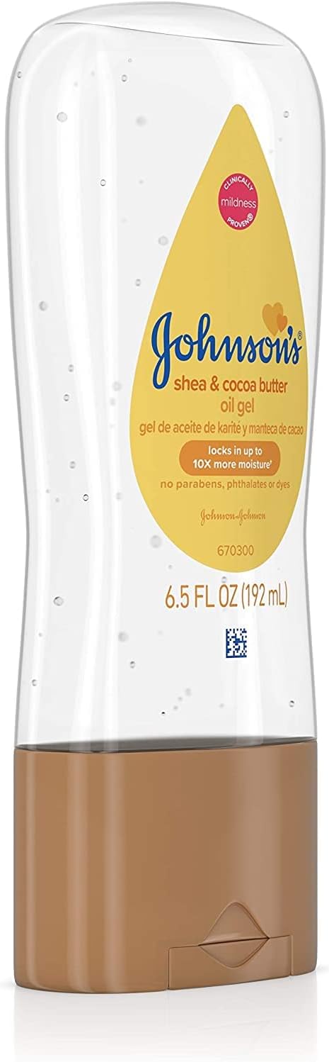 Johnson’s – Gel de aceite para bebé enriquecido con manteca de karité y cacao, ideal para masaje de bebés, 6.5 onzas líquidas (paquete de 2)