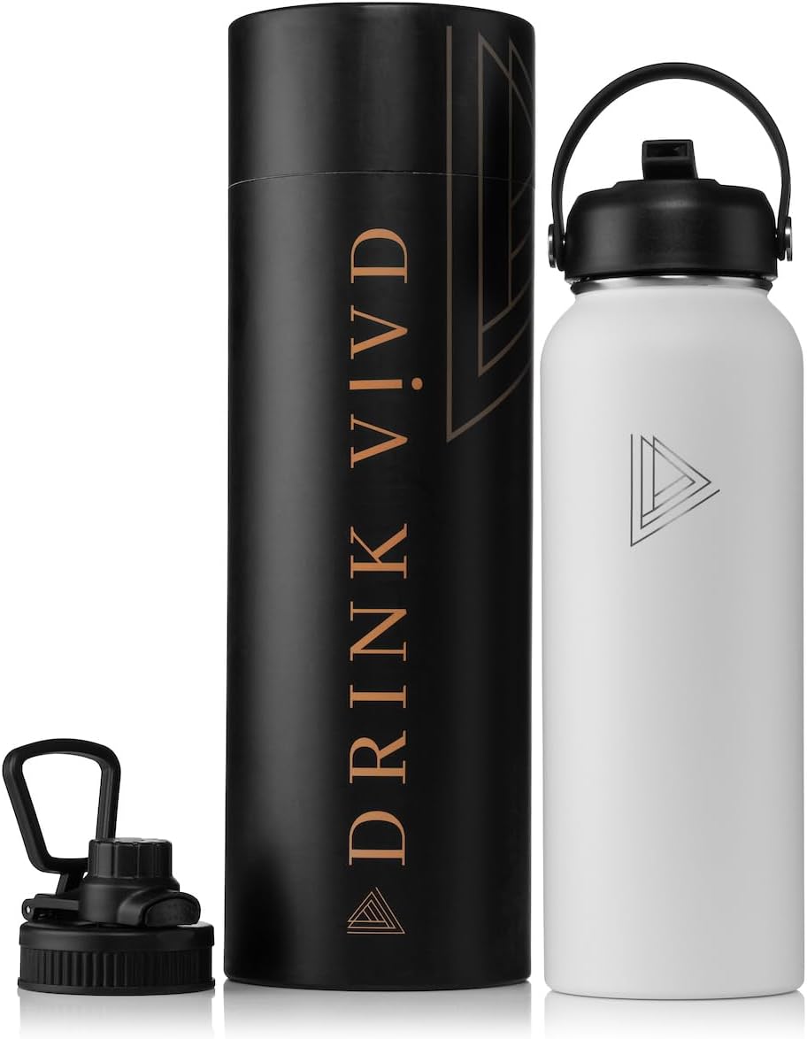 Botella de agua deportiva de acero inoxidable – 40 onzas, 2 tapas (tapa con pajilla), botella de agua aislada al vacío con 2 tapas (tapa con