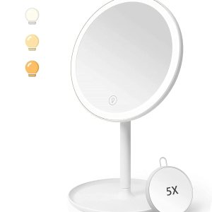 Espejo de maquillaje LED con luces, espejo de belleza iluminado con aumento 5X, iluminación de 3 colores, control táctil, espejo cosmético LED de Espejo de maquillaje LED con luces, espejo de belleza iluminado con aumento 5X, iluminación de 3 colores, control táctil, espejo cosmético LED de