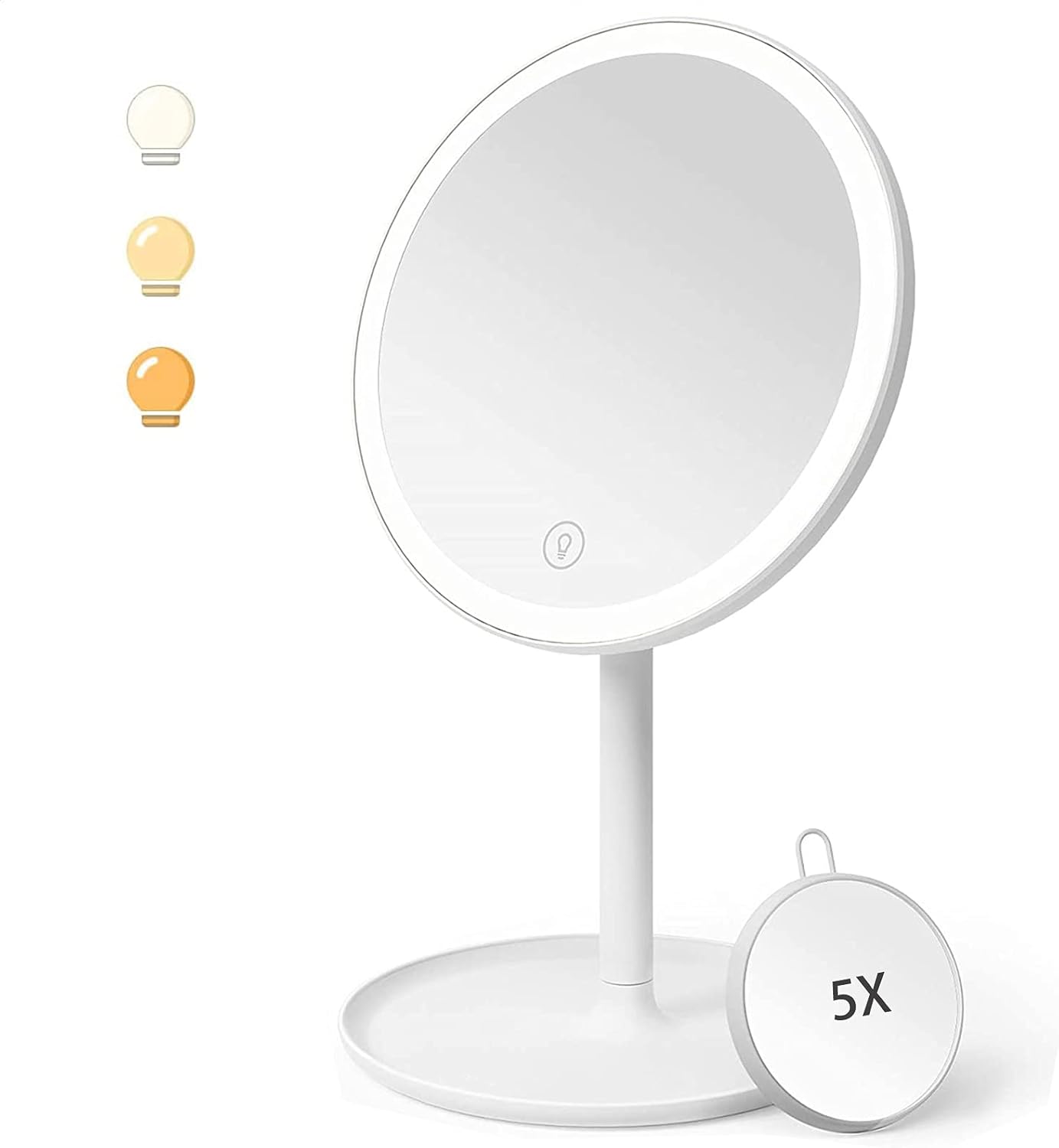 Espejo de maquillaje LED con luces, espejo de belleza iluminado con aumento 5X, iluminación de 3 colores, control táctil, espejo cosmético LED de
