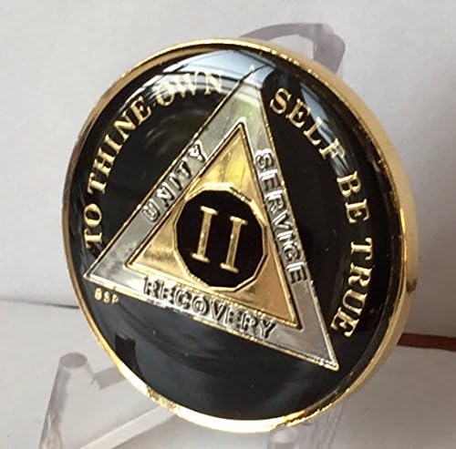 Blue Star Press 2 años Classic Black AA Medallion Sobriety Chip Tri Plate chapado en oro y níquel