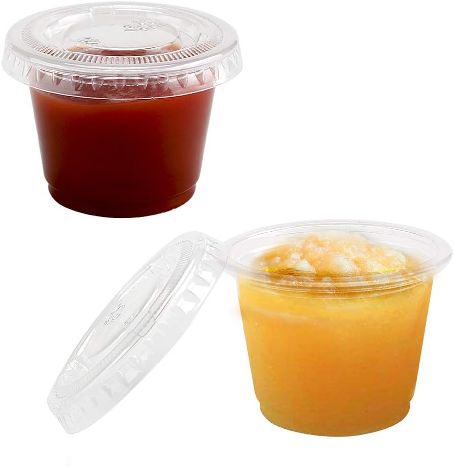 TashiBox 100 juegos de vasos desechables de plástico con tapas, porción de soufflé, aderezo para ensalada de salsa, tazas de condimentos, paquete de