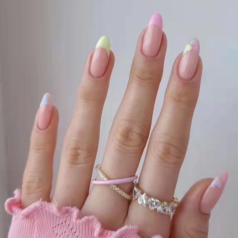 Uñas a presión  Uñas transparentes de color macarrón con forma de almendra, comodidad supremamente ajuste y pegamento cuadrado de gel suave natural,