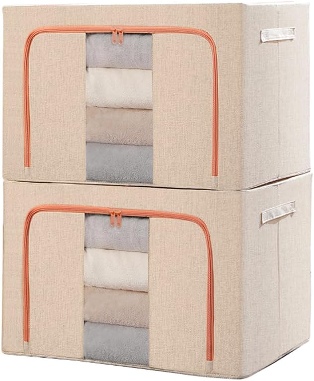 Caja de almacenamiento de ropa, juego organizador plegable de tela de lino con ventana transparente y asas de transporte con marco de metal, paquete