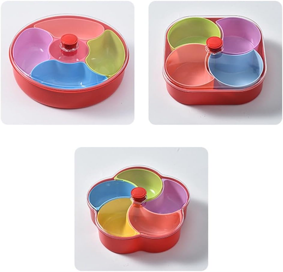 Bandeja de plástico dividida para servir 5 compartimentos, bandeja para servir aperitivos con tapa y asa, platos reutilizables para servir