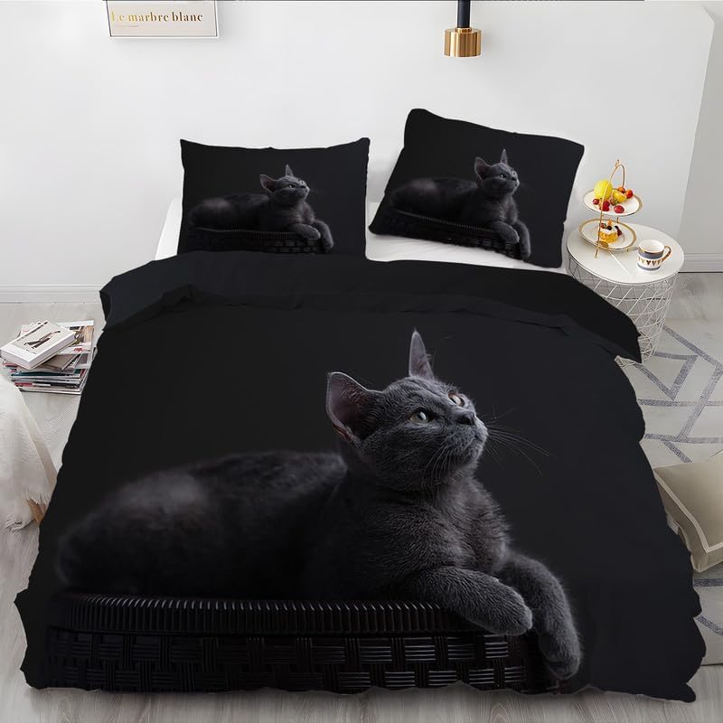 Black Animal California King Duvet Cover Cat Print Bedding Soft Microfiber Comforter Cover and 2 Pillow Shams 20″X36″, Bed Set Duvet Covers with