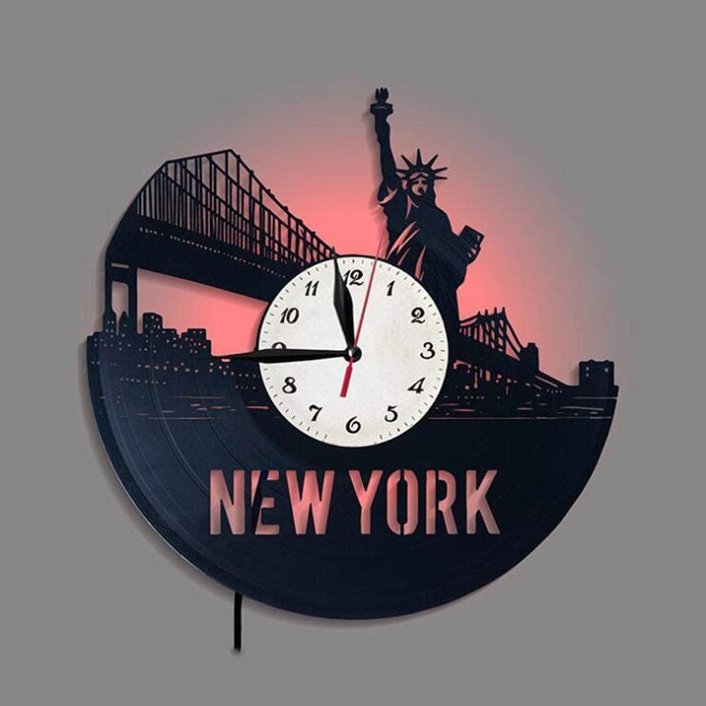 Reloj de pared con disco de vinilo de la ciudad de Nueva York, regalos de decoración de 7 colores, luz nocturna