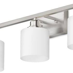 Sailstar Lámparas de baño, luces de tocador de níquel cepillado, 3 luces, modernas luces de baño sobre espejo, pantalla de vidrio y acabado de Sailstar Lámparas de baño, luces de tocador de níquel cepillado, 3 luces, modernas luces de baño sobre espejo, pantalla de vidrio y acabado de