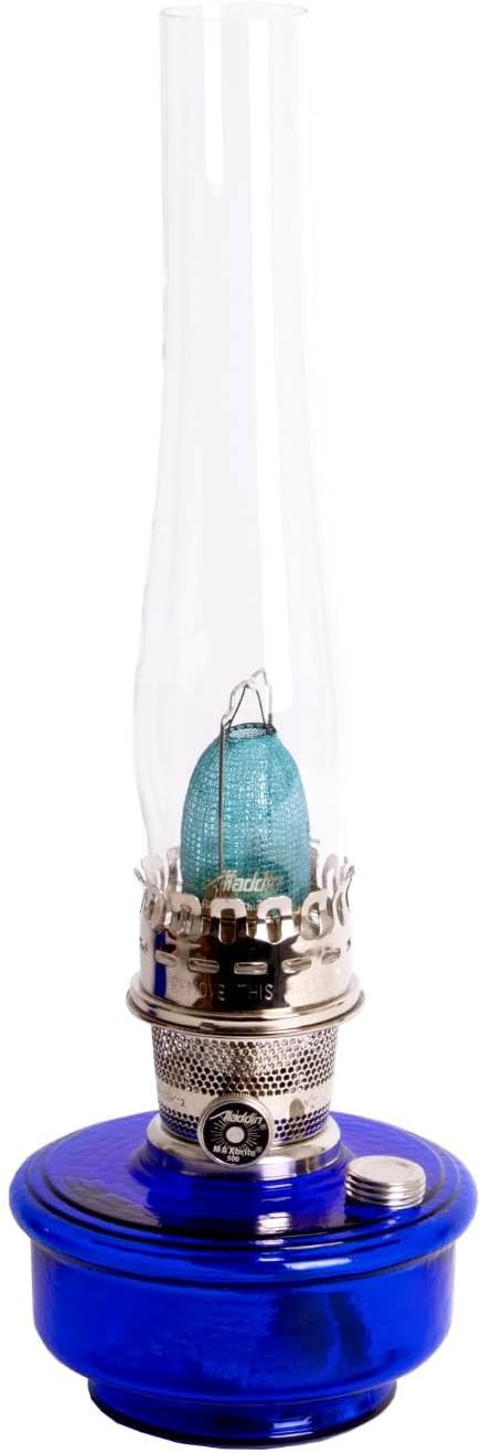 Aladdin Genie III – Lámpara de aceite, iluminación de emergencia interior para estante, mesa o colgante, cuenco de vidrio azul cobalto con quemador