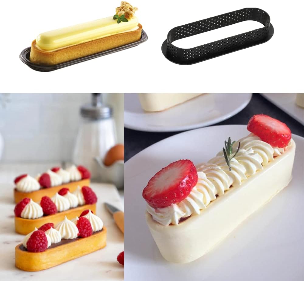 8 anillos ovalados para tarta ovalada con parte inferior de tarta en torre, molde de fibra de carbono, antiadherente, perforado, para mousse, queso,