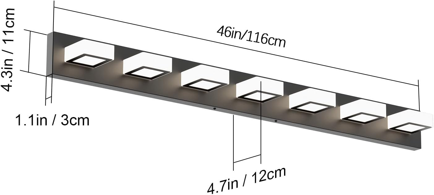Ralbay Luces LED de tocador de 46 pulgadas color negro mate, 7 luces acrílicas de metal negro, modernas luces de tocador de baño negras sobre espejo