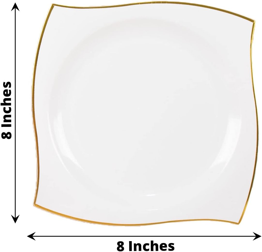 Efavormart – Paquete de 10 platos llanos cuadrados de plástico duro con borde ondulado blancodorado de 8 pulgadas, platos desechables para fiestas