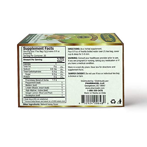 BRONCOMIEL Bolsas de té – Té de hierbas de miel para tos y dolor – Té de eucalipto, jengibre y limón – Sabor dulce a miel – Fácil de preparar –