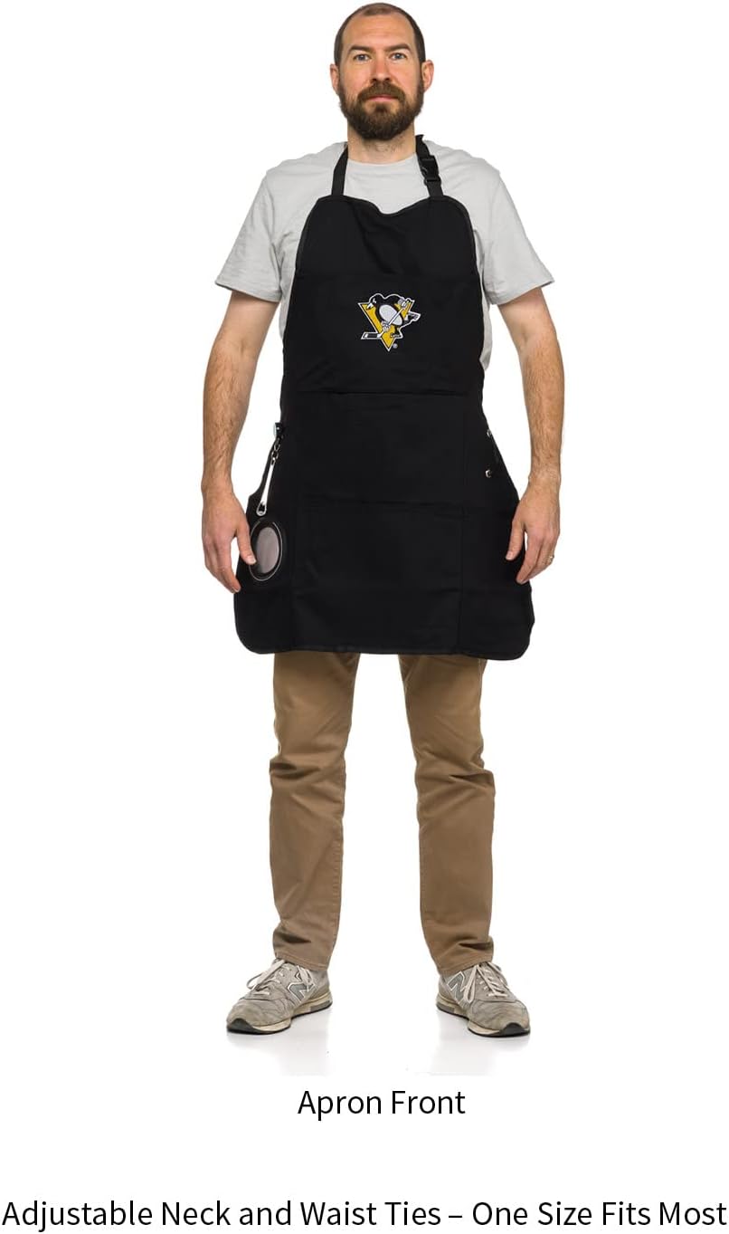 Team Sports America Delantal negro para asar al aire libre de la NHL  Pingüinos de Pittsburgh  Hecho de algodón duradero  Abridor de bebidas y