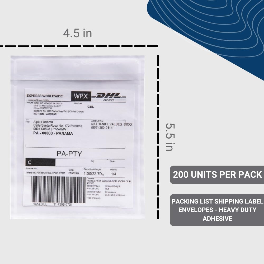 USPACKSMART 200 unidades, 4.5 x 5.5 pulgadas, sobres transparentes para etiquetas de envío, adhesivo resistente, ideal para etiquetas, facturas y