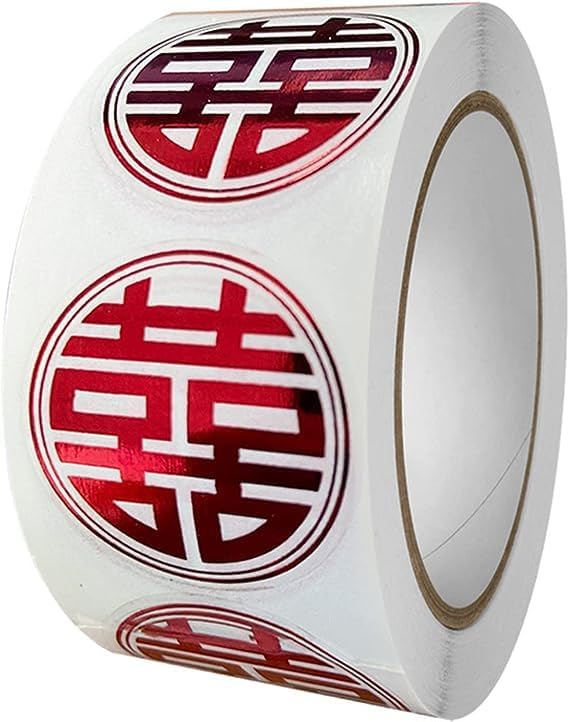 500 calcomanías en rollo de redondez rojo chino “Double Happiness” para sobres, suministros de decoración para bodas, sobres, tarjetas, bolsas de