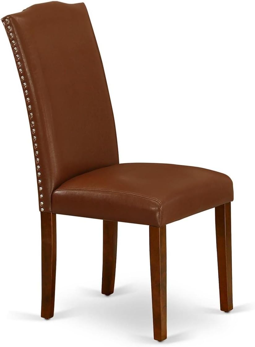 East West Furniture ENP3T66 Encinal Parsons – Juego de 2 sillas tapizadas de piel sintética marrón con ribete de cabeza de clavo, color caoba
