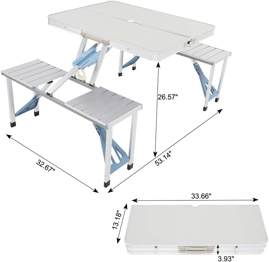 Mesa de picnic plegable portátil con asientos sillas y agujero para paraguas, mesa de aluminio ligera y compacta de aluminio para acampar al aire